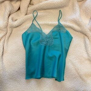 Rare True Vintage Victorias Secret Gold Tag Turquoise blue lace cami with dots